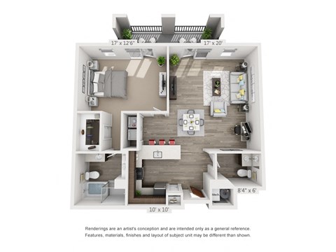 Floor plan for 1 bed, 1.5 baths, 1091 sqft